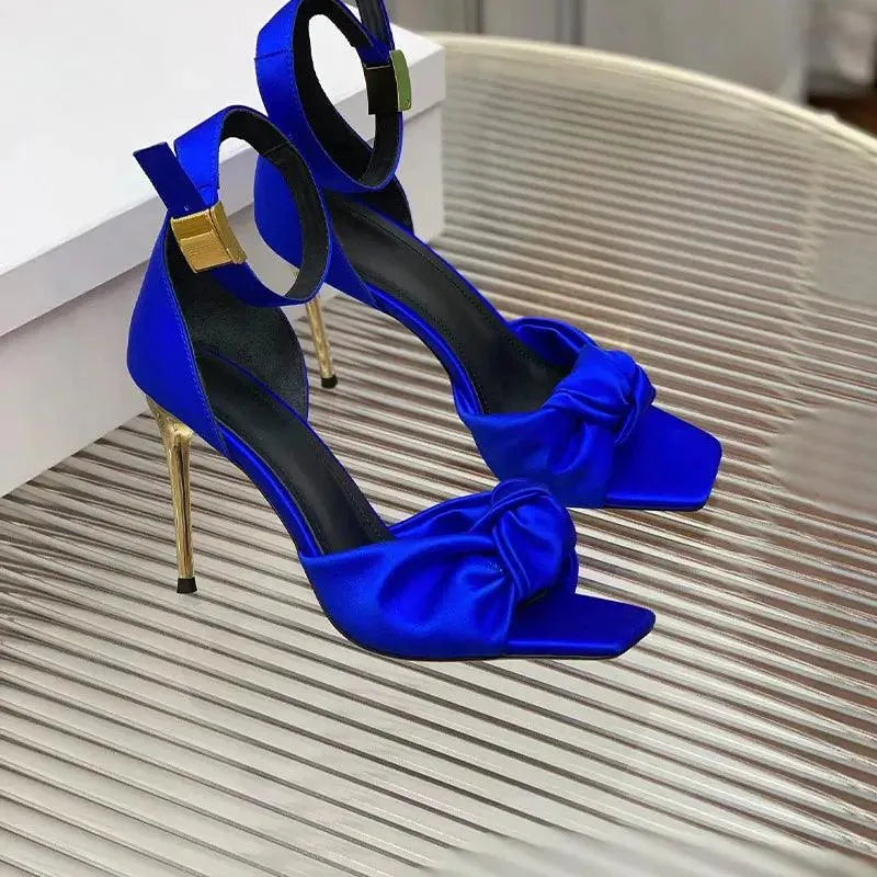 New Sandals Woman Crystal Studded Round Heels Sandals Women Satin Ankle Strap High Heels Runway Shoes Summer Sandalias Mujer As Show