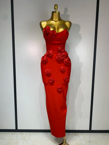2025 Newest Women Sexy Strapless Backless Red Flower Midi Bandage Dress Celebirty Elegant Evening Club Party Birthday Dresses