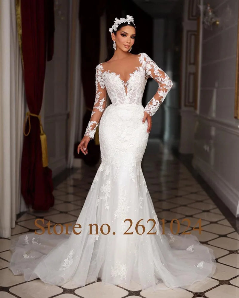 Long Sleeve Buttons Up Back Beading Sequins Appliques Lace 2 Pieces Mermaid Wedding Dresses Vestido De Noiva Sereia