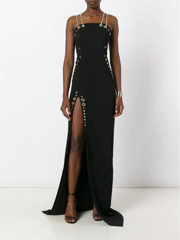 Women Sleeveless Sexy Square Colalr Chain Bodycon Long Dress Elegant Evening Party Fashion Celebrate Dress