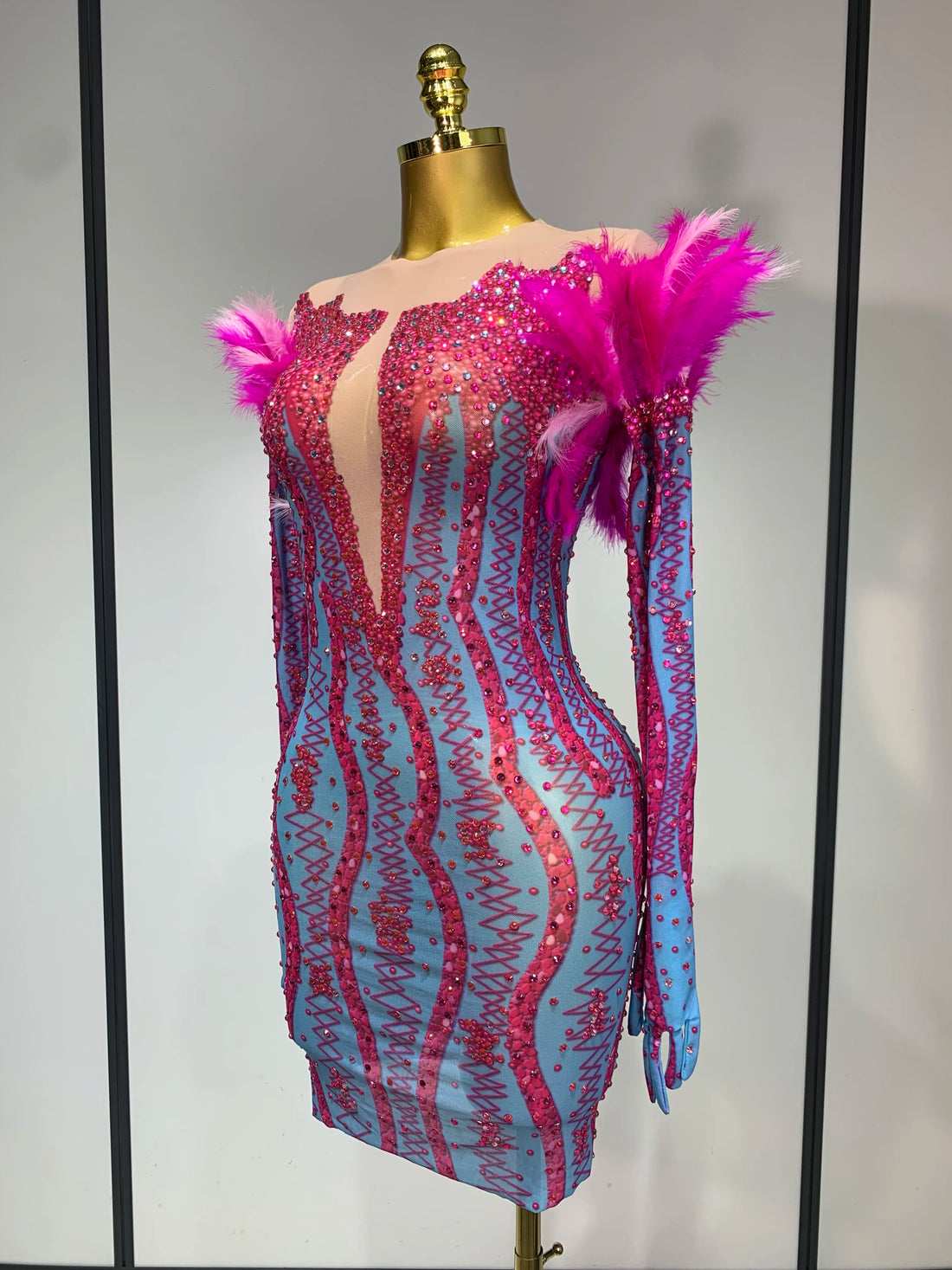 Women Sexy Mesh See Through Diamond Feather Dress 2025 Elegant Evening Party Luxury Birthday Nightclub Performance Stage Costume