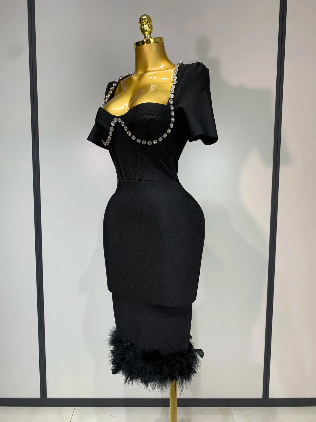 Women Sexy Luxury Rhinestone Short Sleeve Bodycon Dress  Party Evening Celebrate Birthday Black Bandage Club Prom Gown