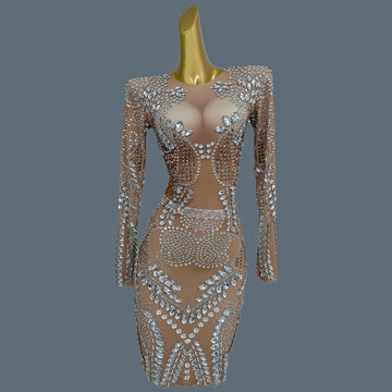 Sparkly Silver Big Rhinestone Sheer Mesh Evening Dress Birthday Celebrate Party Luxurious Costume fof Women Prom Dress Liushu