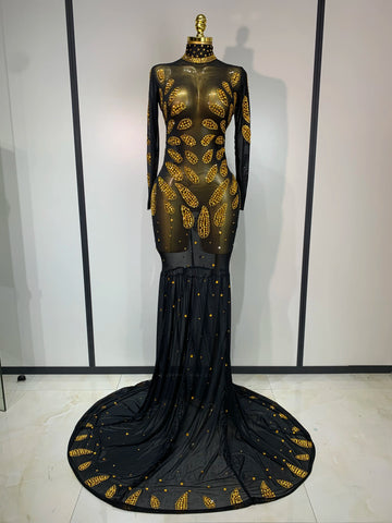 Stage Perform Dress Sexy Mesh Transparent Maxi Long Dress Nightclub Outfit Singer Dance Costume Elegant Party Dress