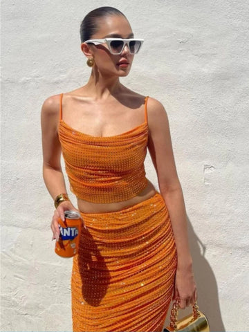 Orange Color Women Sleeveless Sexy 2 Pieces Shinning Rhinestones Bodycon Long Dress Fashion Celebrate Nightclub Party Dress