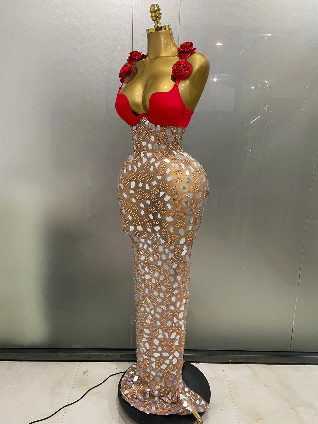 Sexy Sparkly Rhinestones Mesh Mirrors Red Roses Long Dress   New Women Elegant Evening Party Club Stage performance Costume