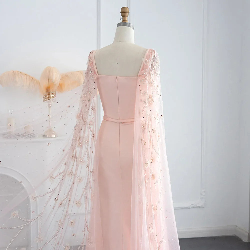 Luxury Pink 3D Flowers Dubai Evening Dress with Cape Sleeve Arabic Elegant Women Formal Gown for Wedding Party