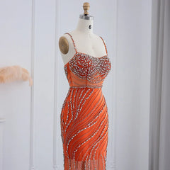 Orange Spaghetti Straps Mermaid Evening Dresses Luxury Dubai Crystal Long Prom Dress for Women Wedding Party