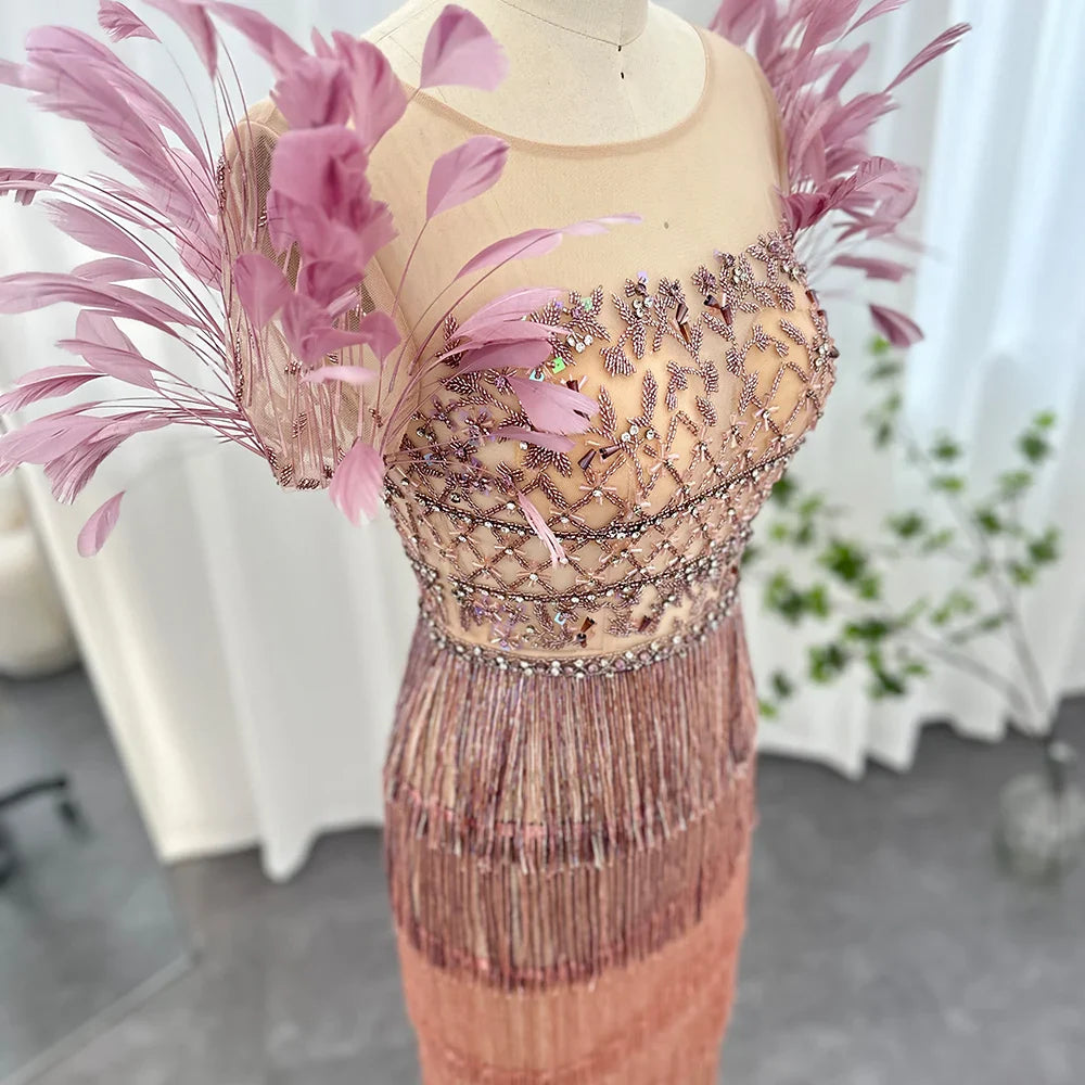 Luxury Feathers Tassel Lilac Dubai Evening Dresses for Women Wedding Party Arab Ankle Length Midi Formal Gowns