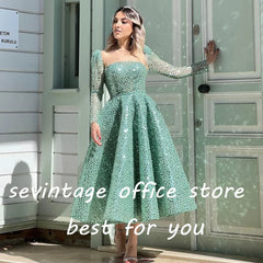 Modest Turquoise Sequined Beading Pearls Prom Dresses Long Sleeves A-Line Arabic Muslim Evening Dress Engagement Gowns