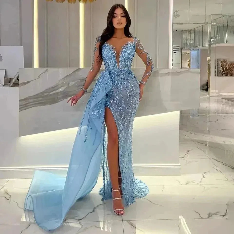 Luxury Blue Sequins Mermaid Celebrity Dresses High Split Long Sleeves Crystal V-Neck Evening Gown Custom Made Formal Dress