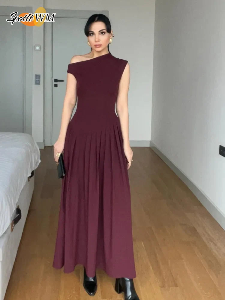 Chic Off Shoulder Irregular Neck Women's Dress Elegant High Waist A-line Hem Pleated Midi Dresses New Summer Lady Commuting Robe Brown