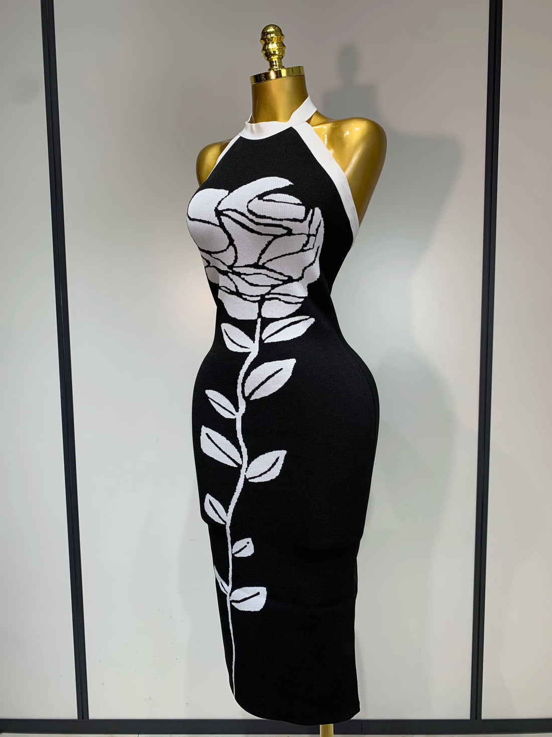 Women Fashion Celebrity Sexy Backless Rose Flower Midi Black Jacquard Bandage Dress 2025 Elegant Evening Club Party Dresses