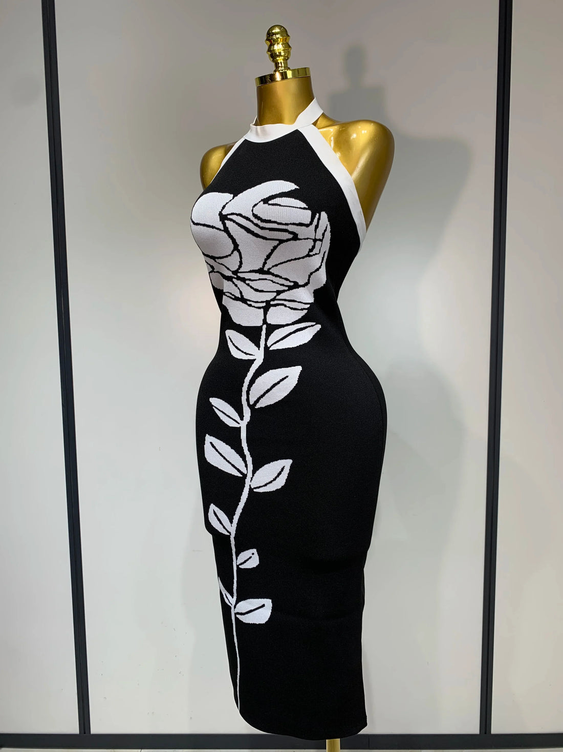 Women Fashion Celebrity Sexy Backless Rose Flower Midi Black Jacquard Bandage Dress  Elegant Evening Club Party Dresses