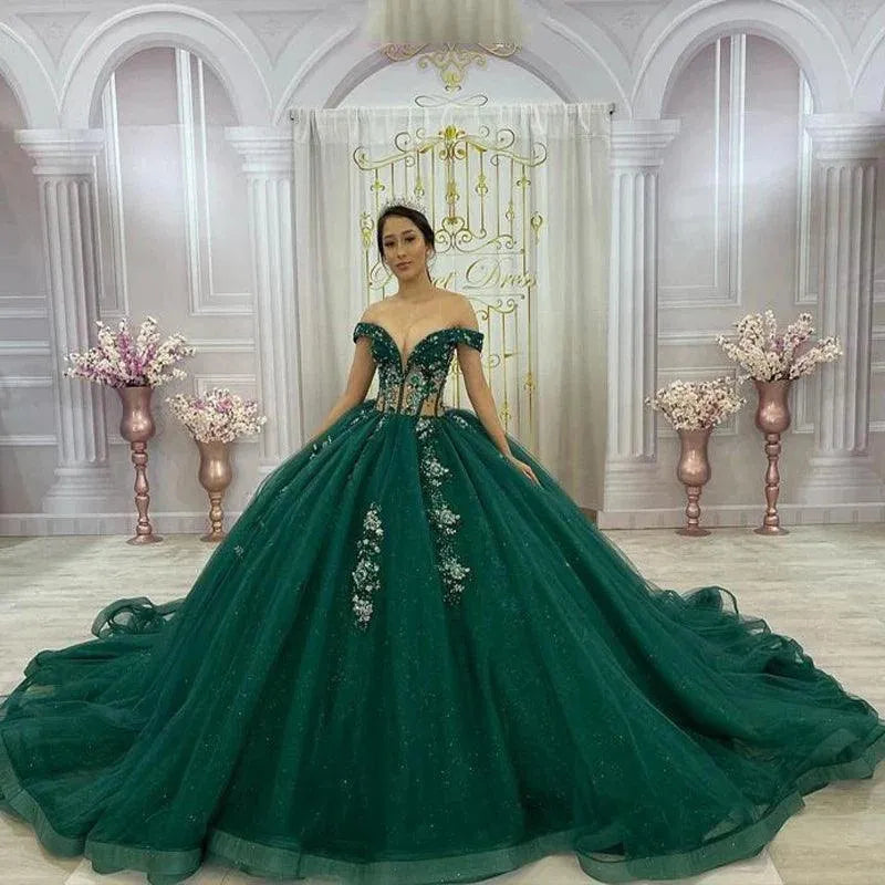 Quince Dress | Luxury Green Quinceanera Dresses Glittering Vestidos De 15 Años Floral Beading Lace Formal Party Prom Ball Gown Green