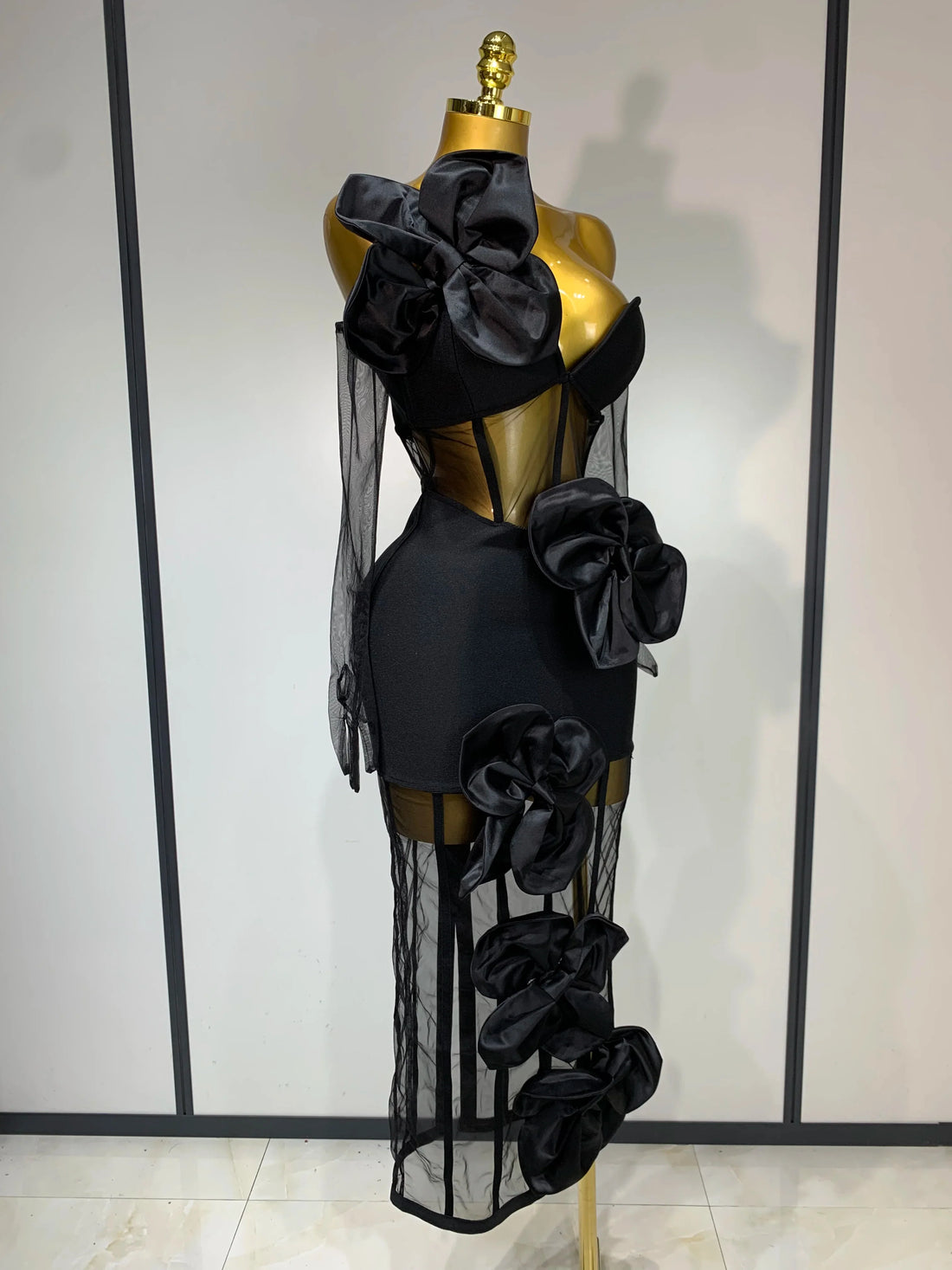 Women Sexy One Shoulder Bow Mesh See Through Bandage Bodycon Dress With Gloves Black Sleeveless Elegant Party Birthday Dresses