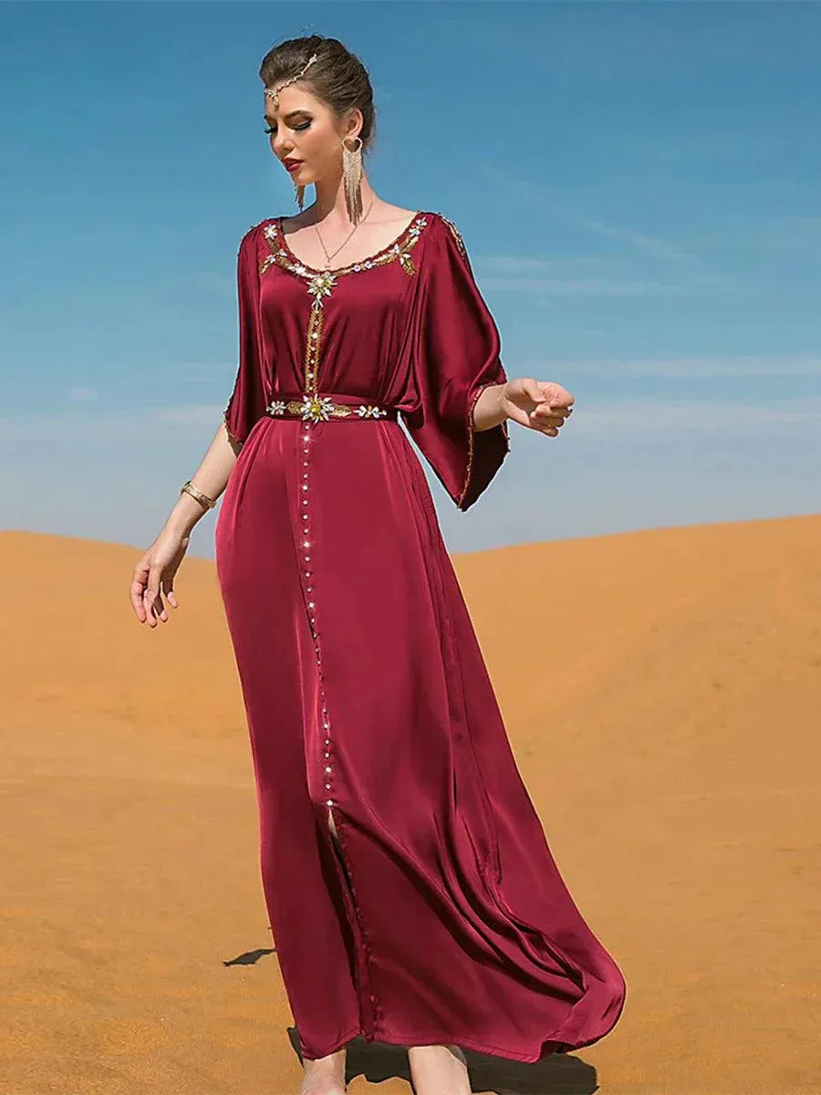 Evening Party Dresses Handsewn Diamonds Off The Shoulders Belted Abayas Moroccan Saudi Women Kaftan Islamic Clothing