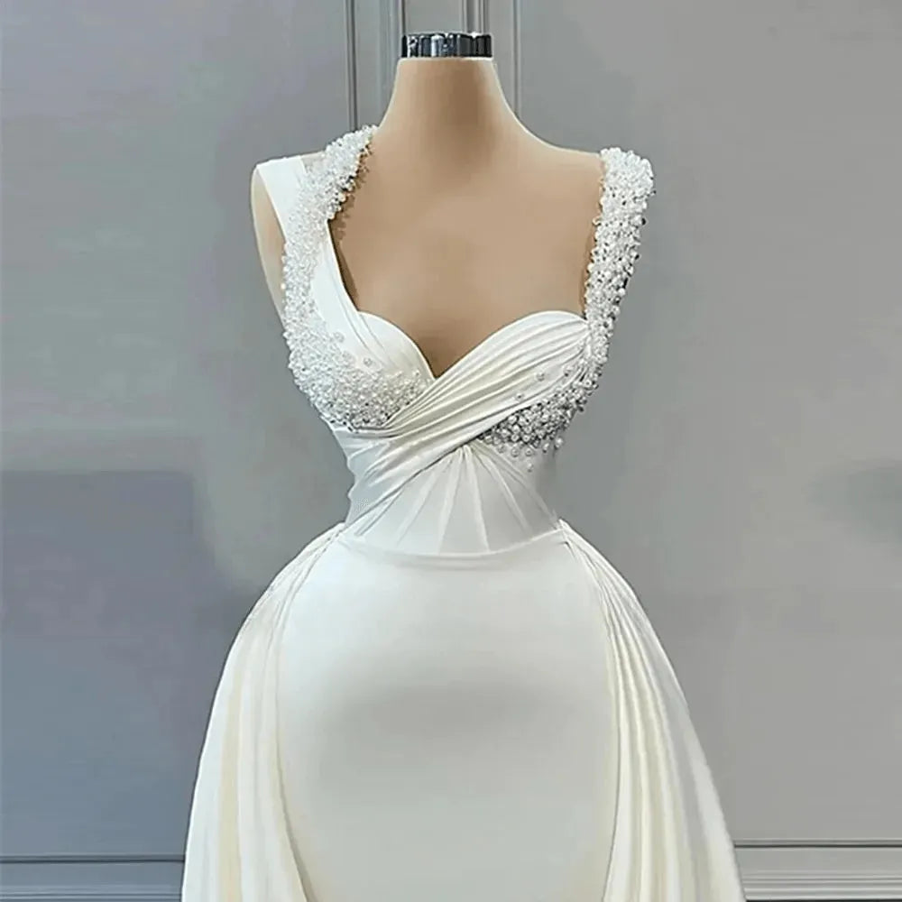 Simple Elegant Wedding Dresses For Woman Square Neck Satin Bridal Gown Sweep Train For Women Custom Made To Measure White Satin