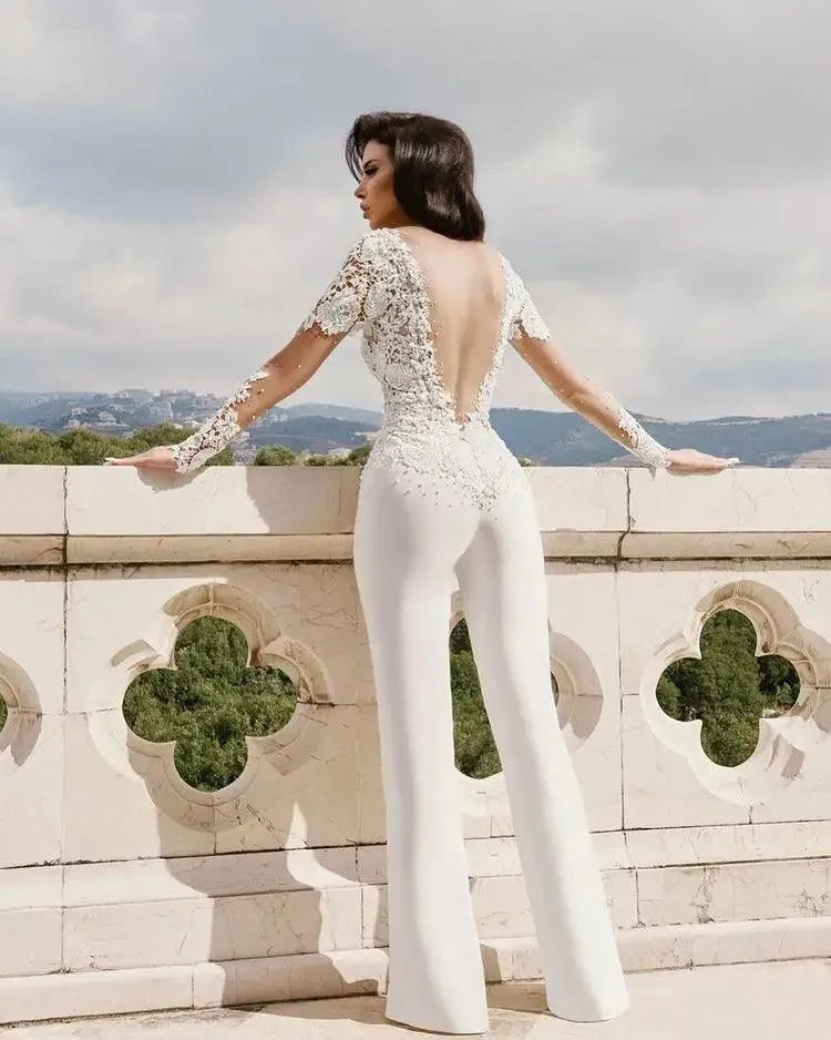 Sexy Jumpsuits Wedding Dress Long Sleeve Lace Appliqued Beaded Satin Boho Bridal Dresses Wedding Gowns Vestido de Noiva As Picture