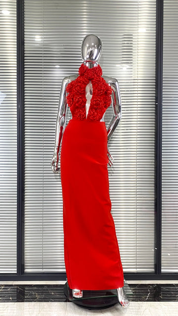 Red Color Women Sexy Halter Florals Backless Off the Shoulder Bodycon Long Dress Celebrate Nightclub Party Birthday Outfit