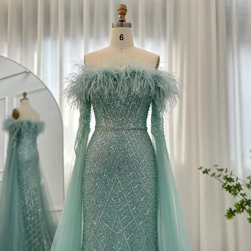 Luxury Feather Turquoise Dubai Evening Dress with Cape Sleeves Lilac Arabic Women Wedding Party Prom Gown Evening Dress