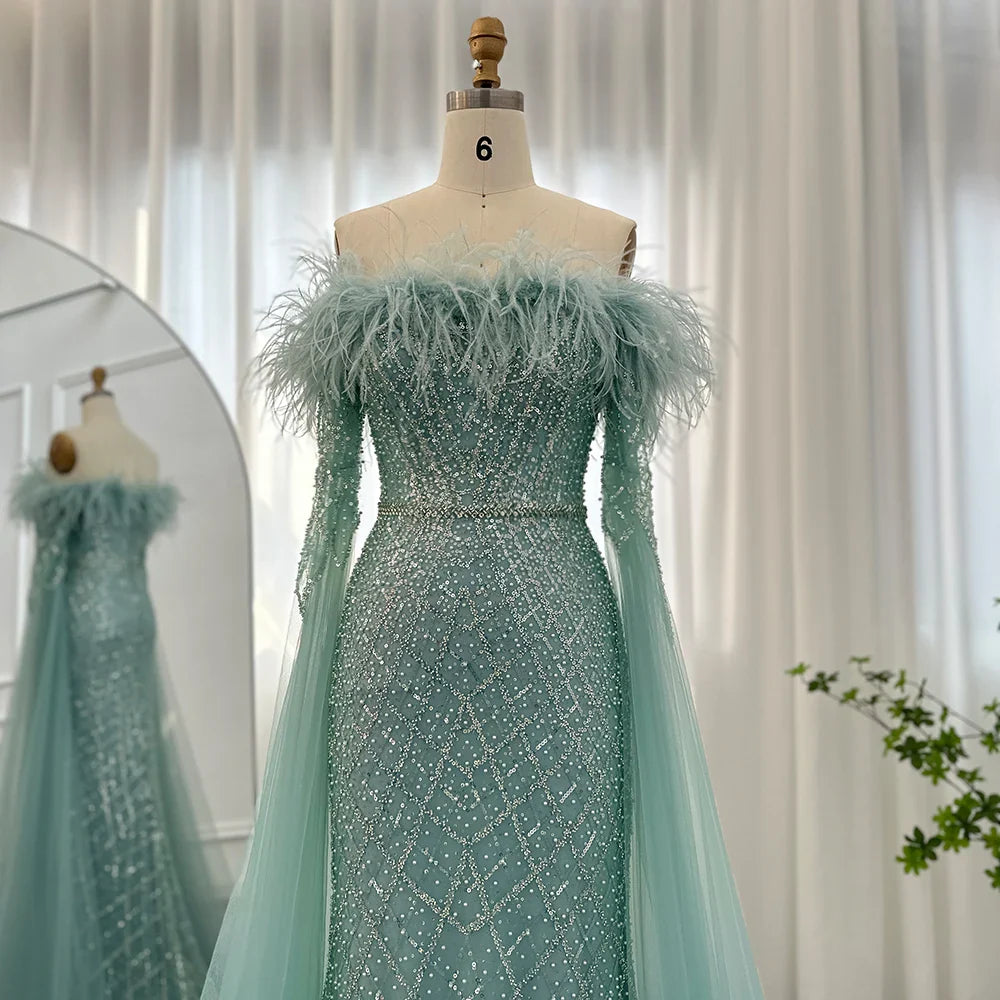 Luxury Feather Turquoise Dubai Evening Dress with Cape Sleeves Lilac Arabic Women Wedding Party Prom Gown