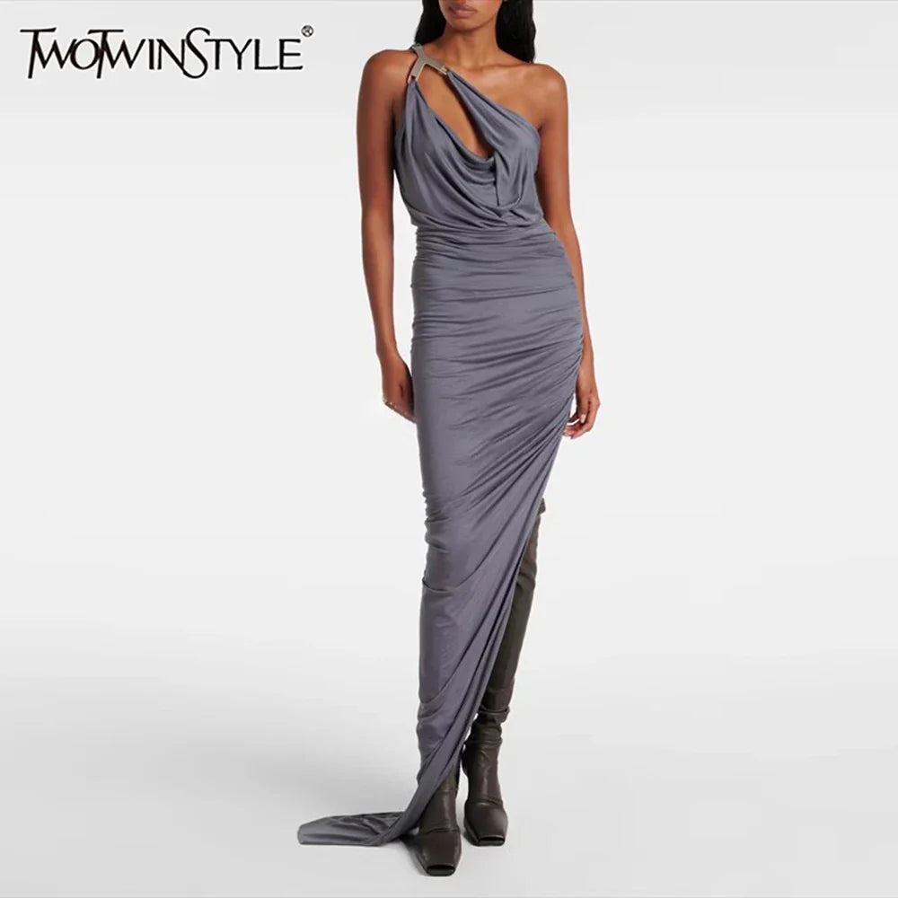 Solid Slimming Spliced Folds Irregular Dresses for Women Diagonal Collar Sleeveless Split Dress Femlae Clothing New