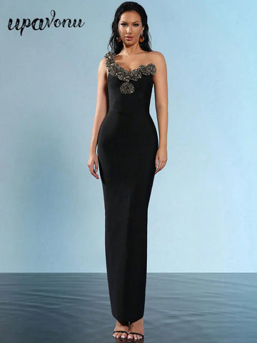 2024 Sexy Women's Light Luxury Sparkle Flower Design Bandage Dress One Shoulder Sleeveless Bodycon Long Dresses Party Vestidos