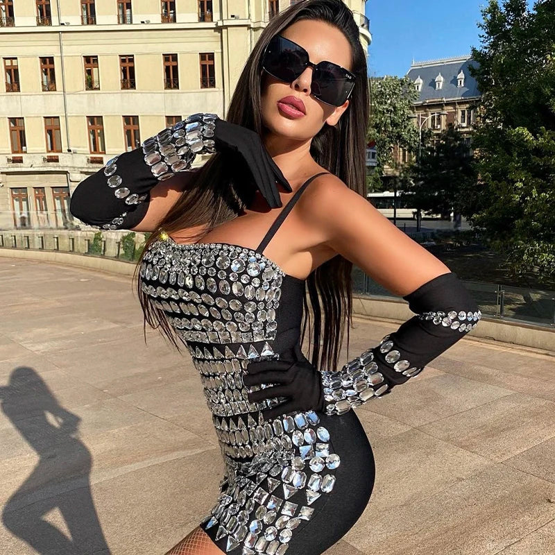 Women Luxury Sexy Crystal Beading Women Sleeveless Sexy Bodycon Mini Dress Gloves Nightclub Party Celebrate Birthday Dress