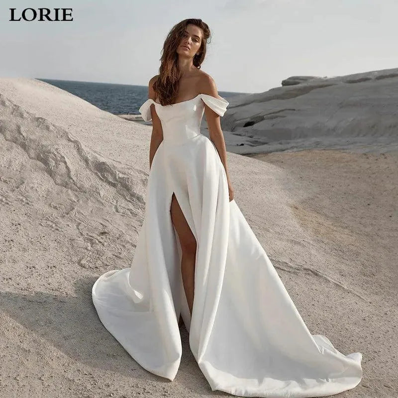 Soft Satin A Line Wedding Dresses Sleeveless Off The Shoulder Bridal Gowns Long Train Wedding Party Gowns White Satin