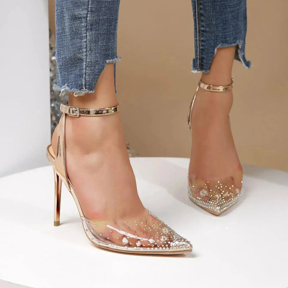 New Women's Fashion Pointed Rhinestone Decoration Banquet Non Slip Gold Stiletto Heels LS894