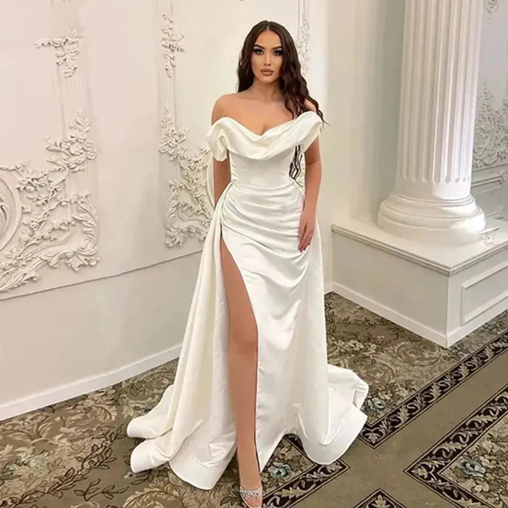 Elegant Satin Wedding Dresses For Bride Ribbons Princess Backless Off Shoulder High Split Civil Bridal Gowns Chapel Train Ivory Satin