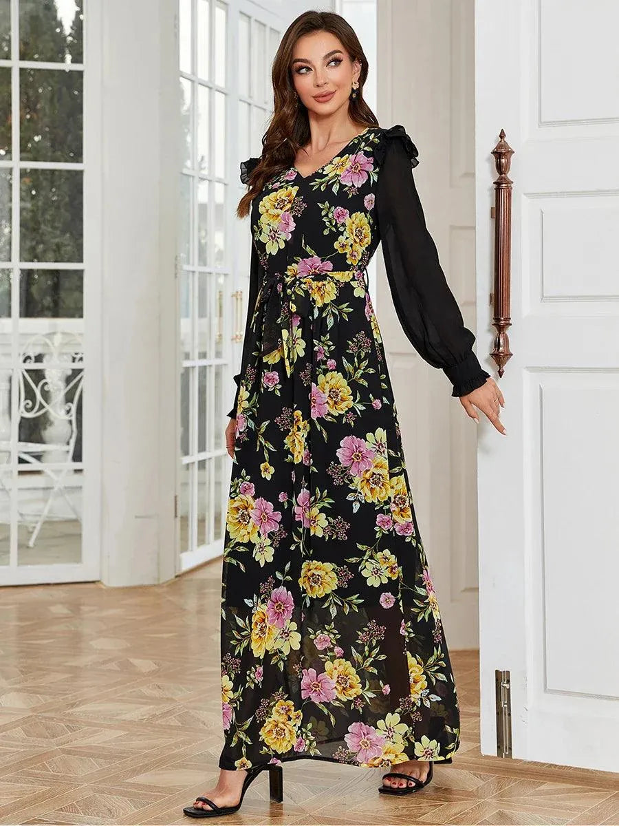 Fashion Black Printing Turkish Abayas For Female Chic Mesh Patchwork Full Sleeve V-Neck Tunic Elegant Muslim Long Dress Black Dress