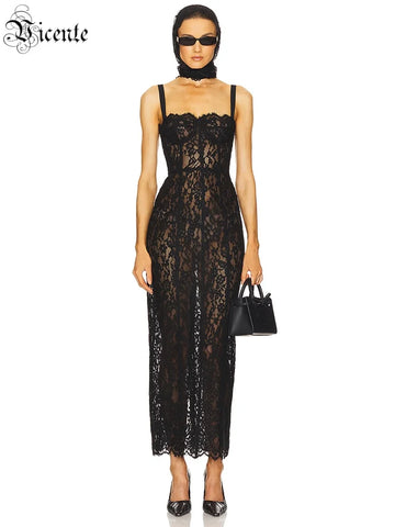 VC Elegant Black Lace Spaghetti-Strap Maxi Dress for Sophisticated Occasions Party Evening Gown