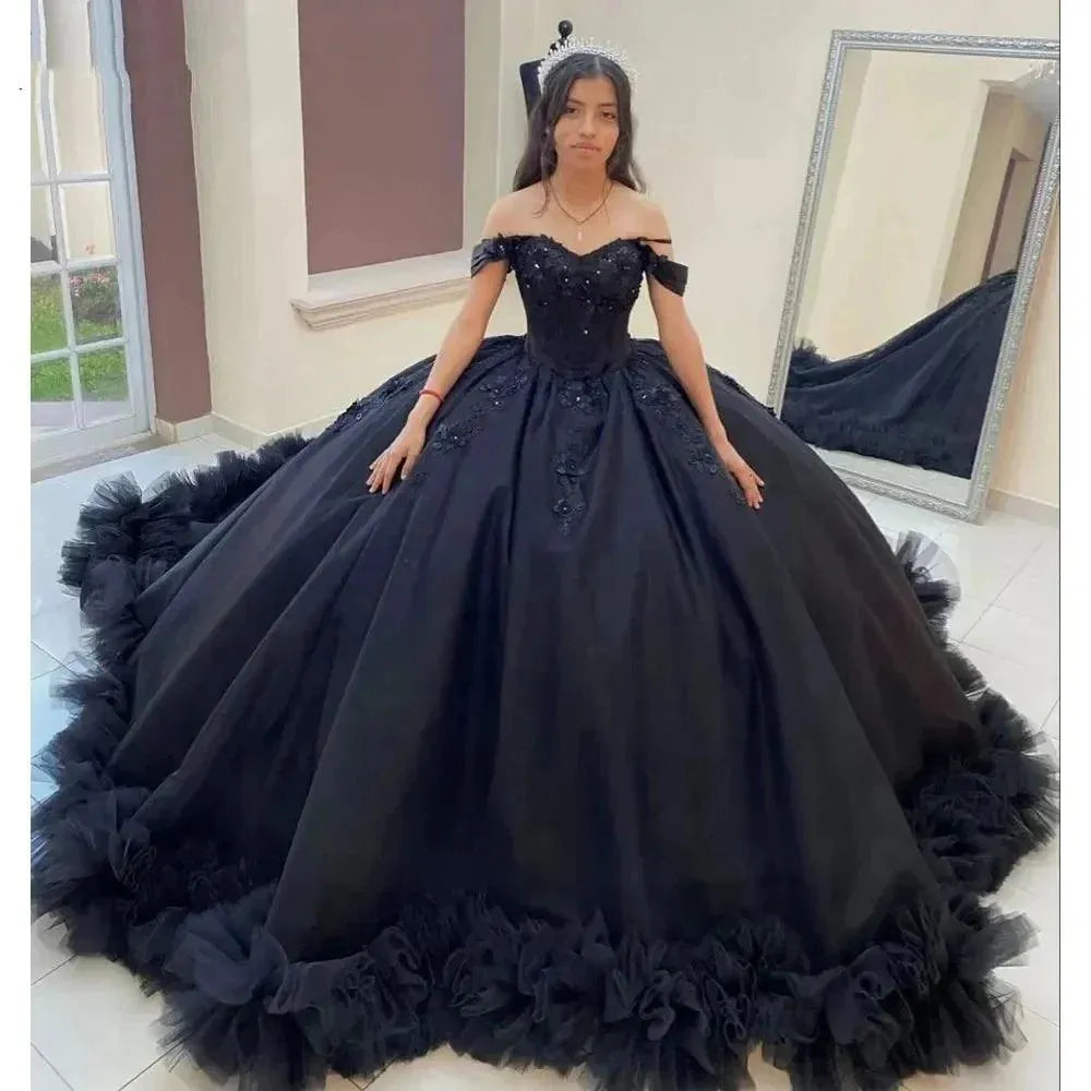 Quince Dress | Black Quinceanera Dresses 3D Flower Beading Lace Ruffles Pleat Tulle Vestidos De 15 Anos Birthday Party Prom Corset Black