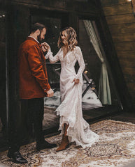 DREAM Lange Ärmel Blumenspitze V-Ausschnitt Boho Hochzeitskleid Tiefer V-Ausschnitt Offener Rücken Schlichtes Rustikales Zivil Brautkleid 