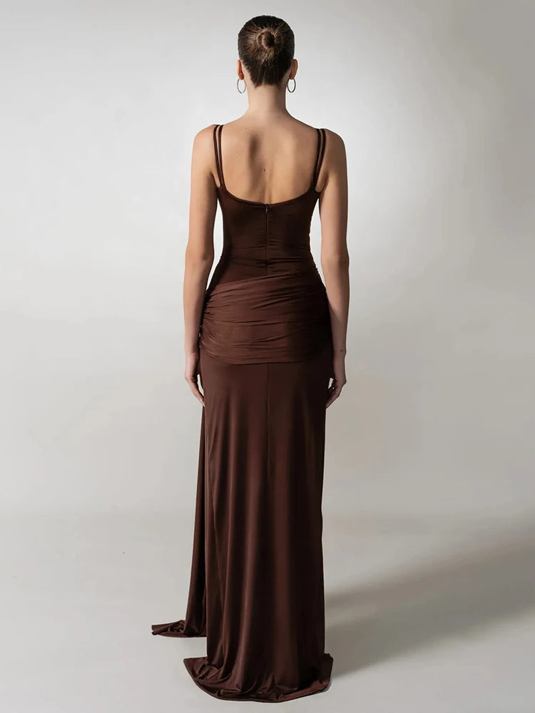 VC Chocolate Brown Strappy Sleeveless Draped Dress with High Slit & Cutout Detail for Formal Dinner Party Gown