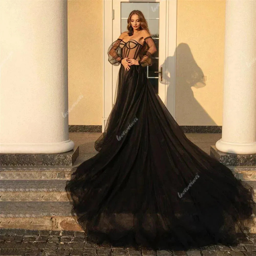Gothic Black Evening Dress Off The Shoulder Sweetheart Prom Dresses Long Sleeves Tulle Gorgeous Formal Party Gowns Vestido Black