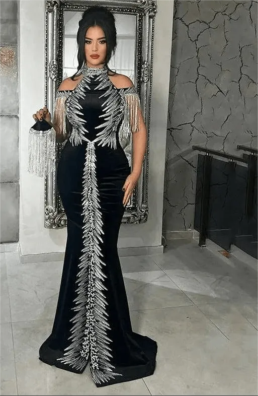 Classic Black Velour Lace Moroccan caftan Evening Dress Sleeveless High  Neck Velvet Prom Dresses Women Party Gowns