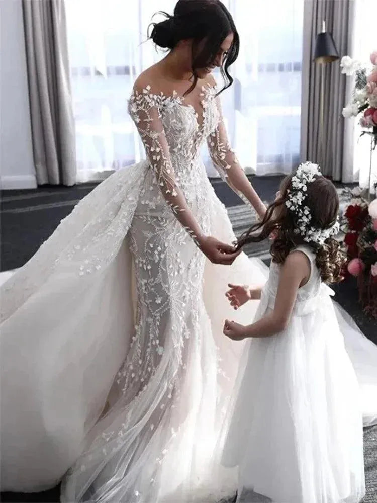 Luxury Illusion Long Sleeves V-neck Mermaid Wedding Dresses Appliques Detachable Train Boho Bridal Gown Vestidos De Novia Boho Mermaid