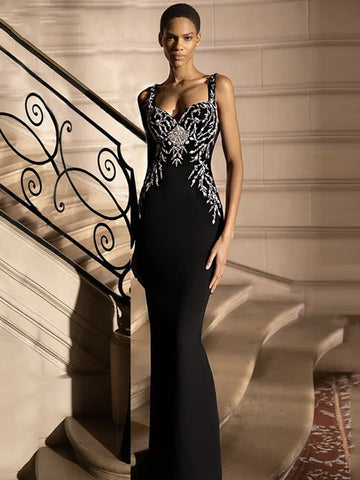 Ladies Diamond Beads Spaghetti Strap Backless Design Celebrity Evening Club Black Sleeveless Sexy Maxi Bandage Dress Vestidos