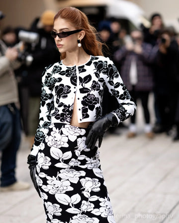 2025 Celebrity Red Carpet Dress Women Long Sleeve Jacquard Weave Flowers 2 Pieces Bodycon Bandage Women's Set