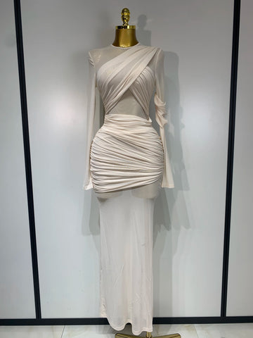 Elegant Mesh Fold Long Sleeve Bodycon Dress Women 2025 Evening Party Club Sexy Perspective Fashion Luxury Birthday Dresses