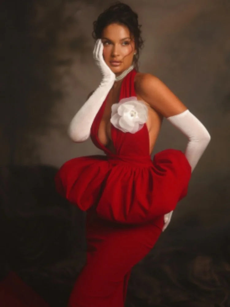 Red Color Women Sexy Halter Backless Bodycon Long Bandage Dress Gloves Celebrate Performance Costume Stage Wear