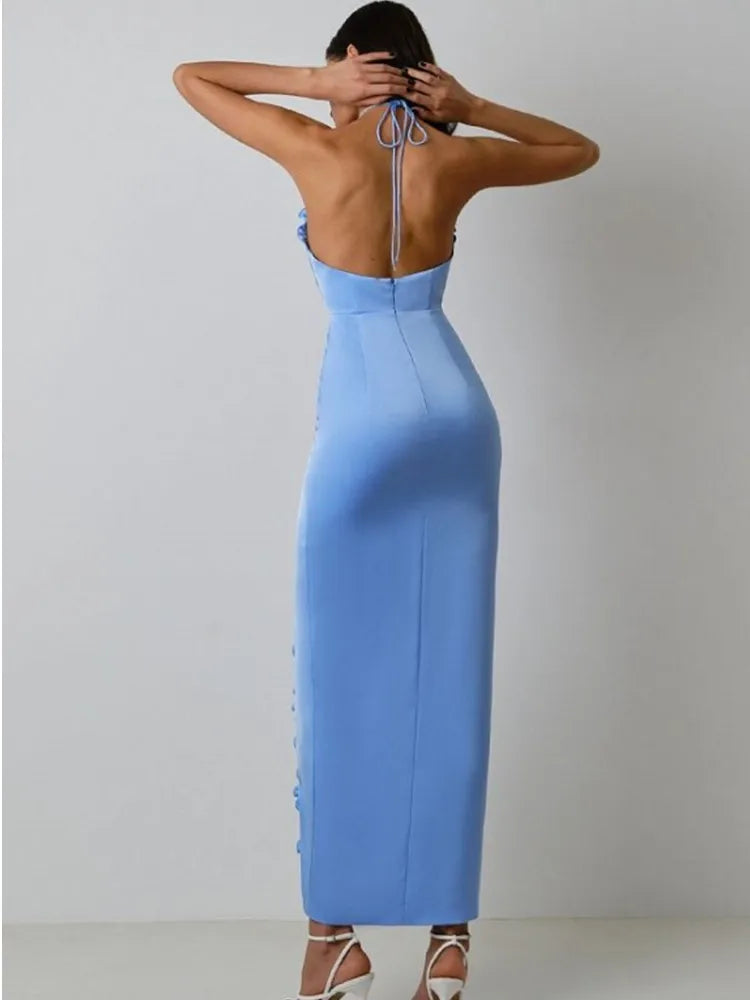 Black Skyblue Color Women Sexy Halter Off the Shoulder Bodycon Mid-calf Bandage Dress Fashion Nightclub Party Celebrate Dress