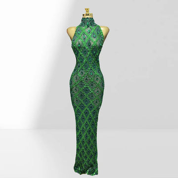 Woman Birthday Party Outfit Club Performance Costume Sparkling Diamond Green Sequins Sexy Mesh see Through Ankle Length Dress