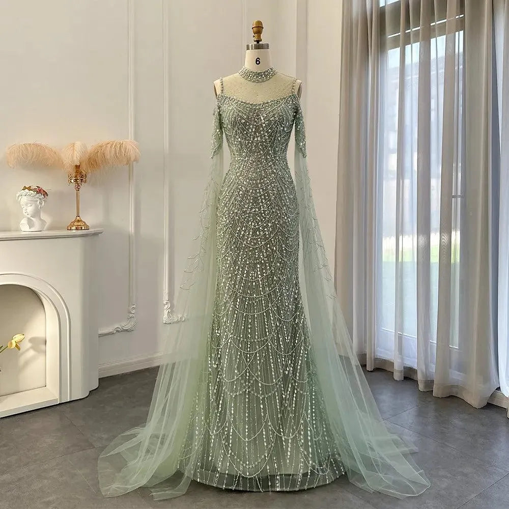 Sage Green Mermaid Luxury Dubai Evening Dress with Cape Sleeves Elegant Women Purple Wedding Formal Party Gown green Evening Dress