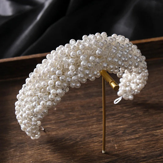 Luxury Full Pearl Crystal Headband Tiara Hairband Silver Color Bridal Wedding Hair Accessories Vine Headband For Bride Women