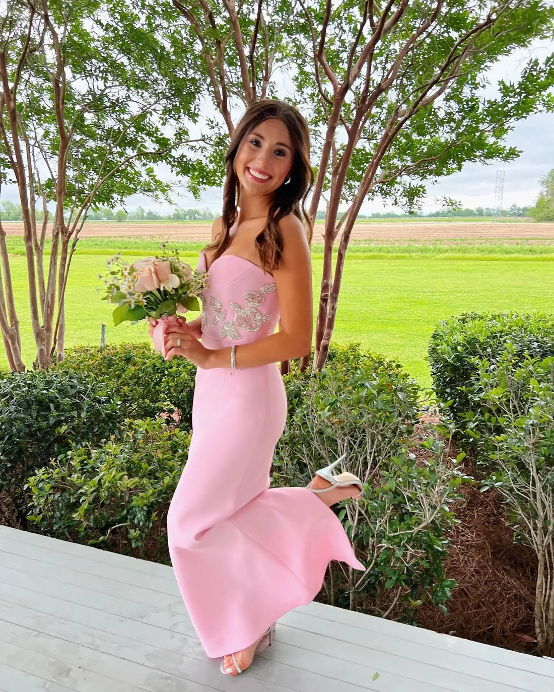 Stereoscopic Diamond Flowers Strapless Pink Ankle Lenght Bandage Dress Woman Birthday Party Vestido Celebrity Party Outfit