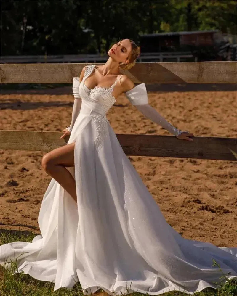 Beautiful Beach Wedding Dresses Lace Appliques Mopping Off Shoulder High Split Bridal Gowns Long Sleeves Romantic Backless 14W